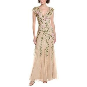 Adrianna Papell Beaded Mesh Flutter Dress Champagne Floral Embroidered Size 6